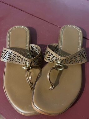 Women's Tan Laser-Cut Thong Sandals with Gold Accent